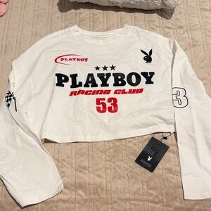 PLAYBOY White Racing Club Crop Long-Sleeve Top with Red & Black Graphics